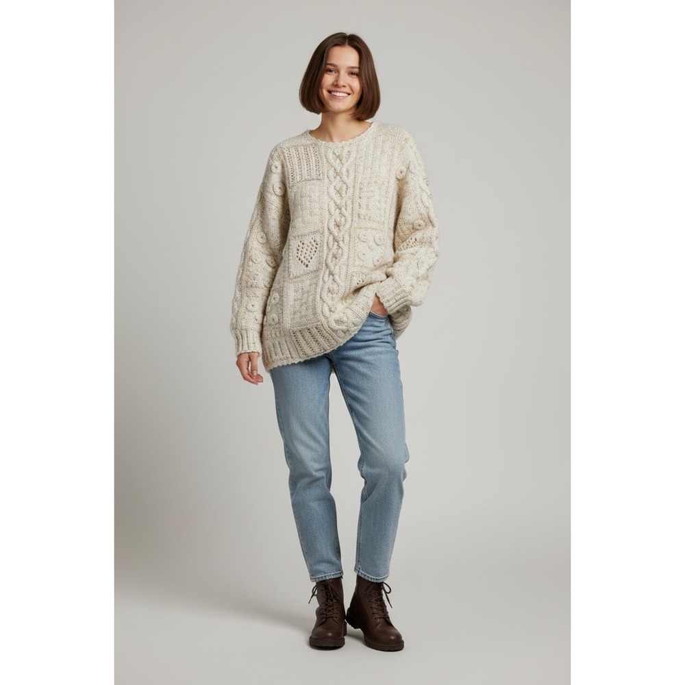 Vintage Express Tricot Sweater Angora L Cream 90s Hand-Knit Patchwork Fisherman